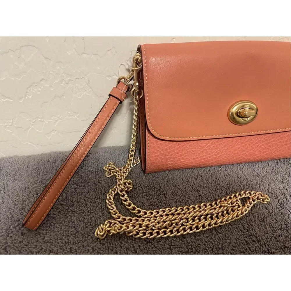 Coach Leather Chain Crossbody Melon/Gold Wristlet Clutch Handbag F31620 NWT